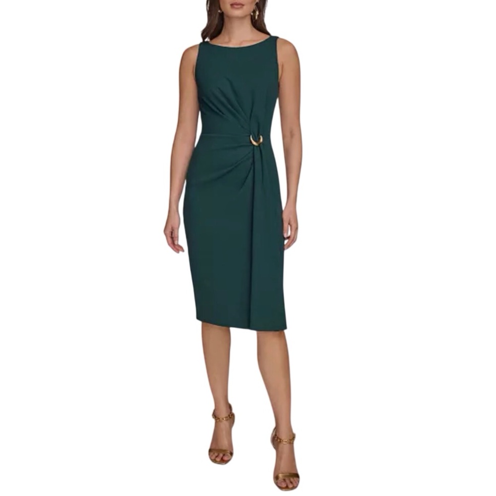 Donna Karan New York Green Crepe Hardware A Line Midi Dress Sleeveless Size 10